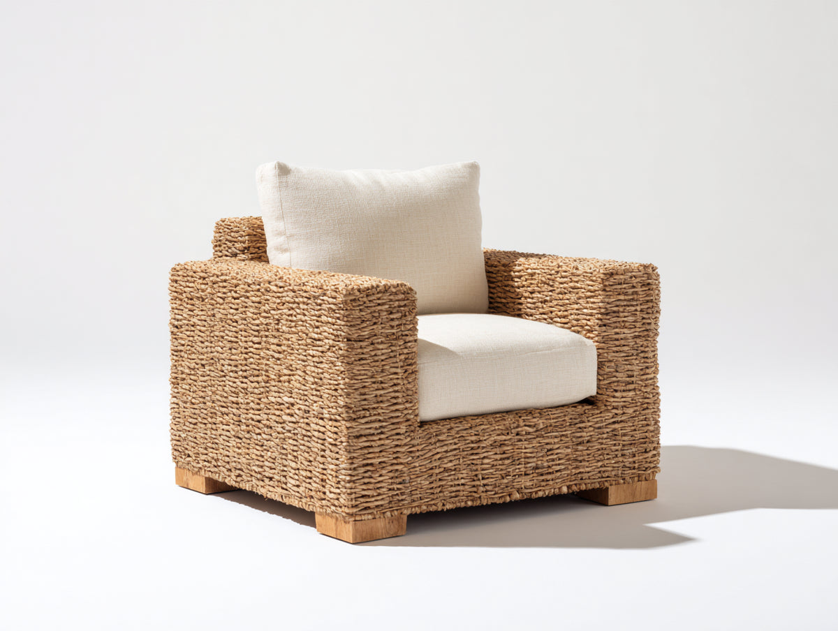 Fauteuil de jardin - fibre végétale tressée-tissu - 92x86x82 cm - naturel-beige - style bohème