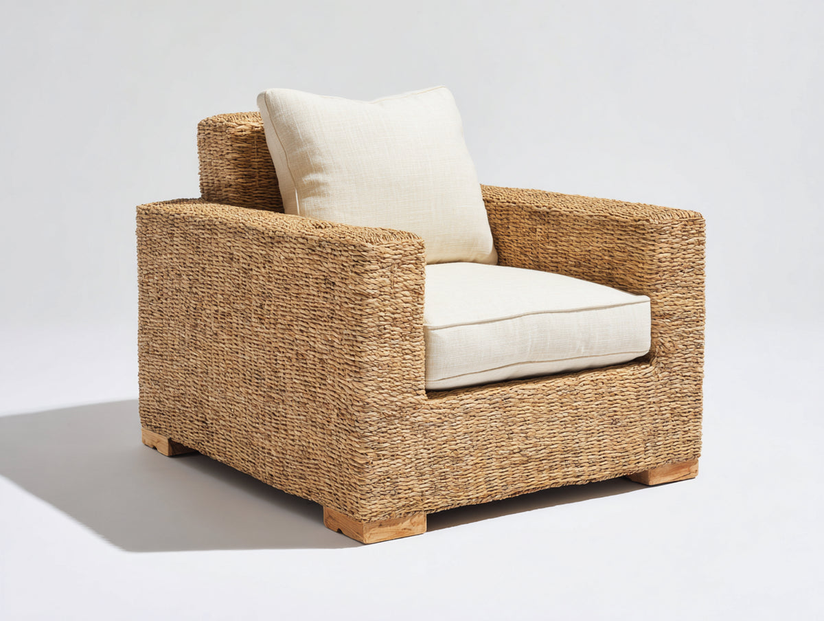 Fauteuil de jardin - fibre végétale tressée-tissu - 97x90x85 cm - naturel-écru - style rustique