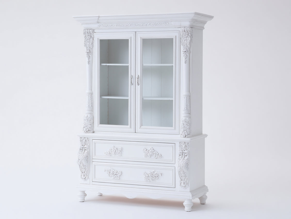 Vitrine - Bois-Verre - 116x47x194 cm - Blanc - Style classique ornementé