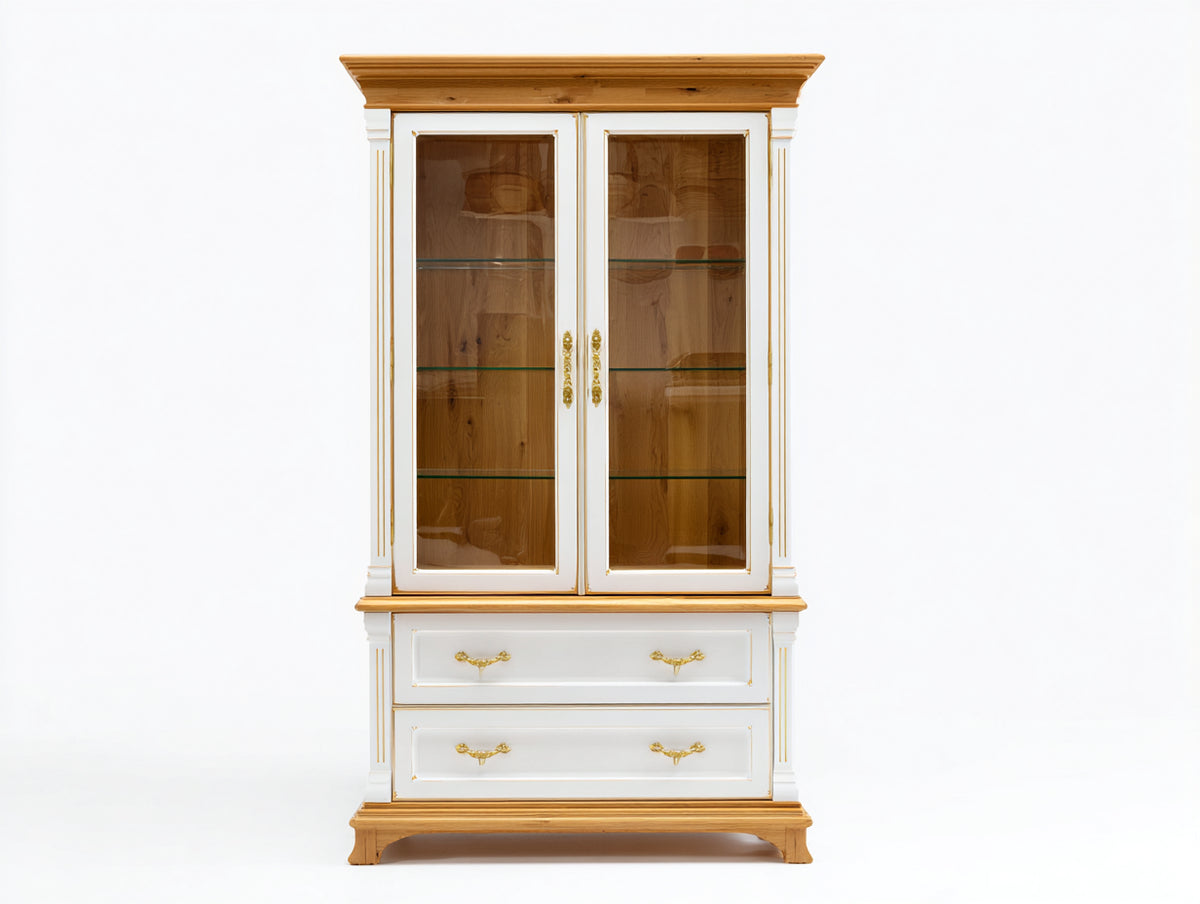 Vitrine - Bois-Verre - 105x46x194 cm - Blanc-Bois naturel - Style classique bicolore