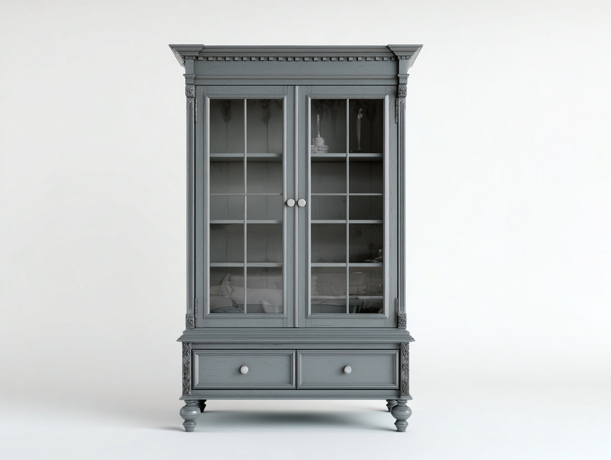 Vitrine - Bois-Verre - 102x44x190 cm - Gris ardoise - Style classique sculpté