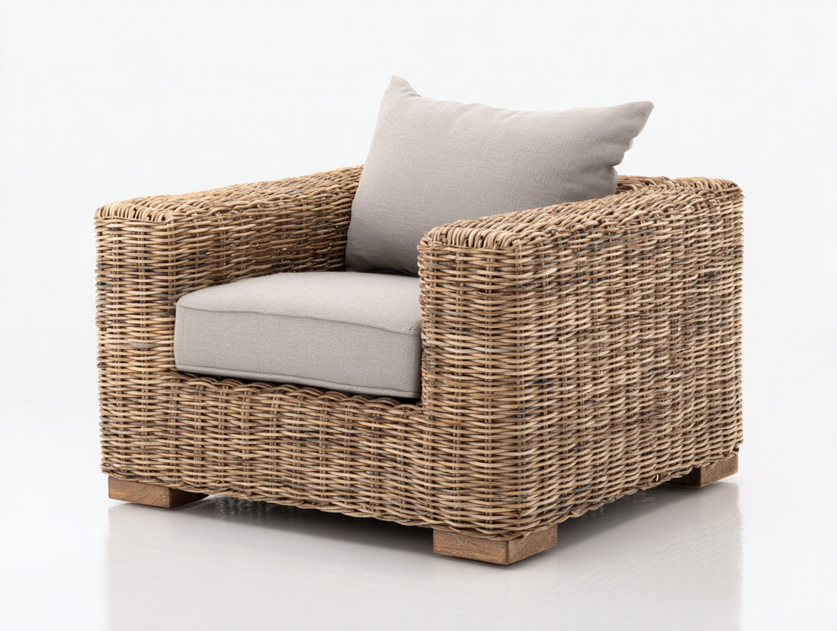 Fauteuil de jardin - résine tressée-tissu - 95x88x84 cm - brun naturel-beige clair - style rustique