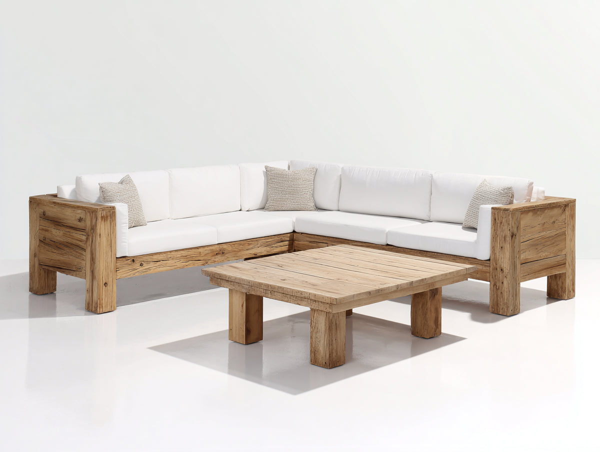 Canapé de jardin - Bois-Tissu - 286 x 286 x 77 cm - Bois naturel-Blanc cassé - Style rustique