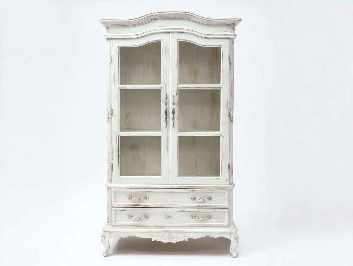 Vitrine - Bois-Verre - 101x45x188 cm - Blanc cassé - Style romantique
