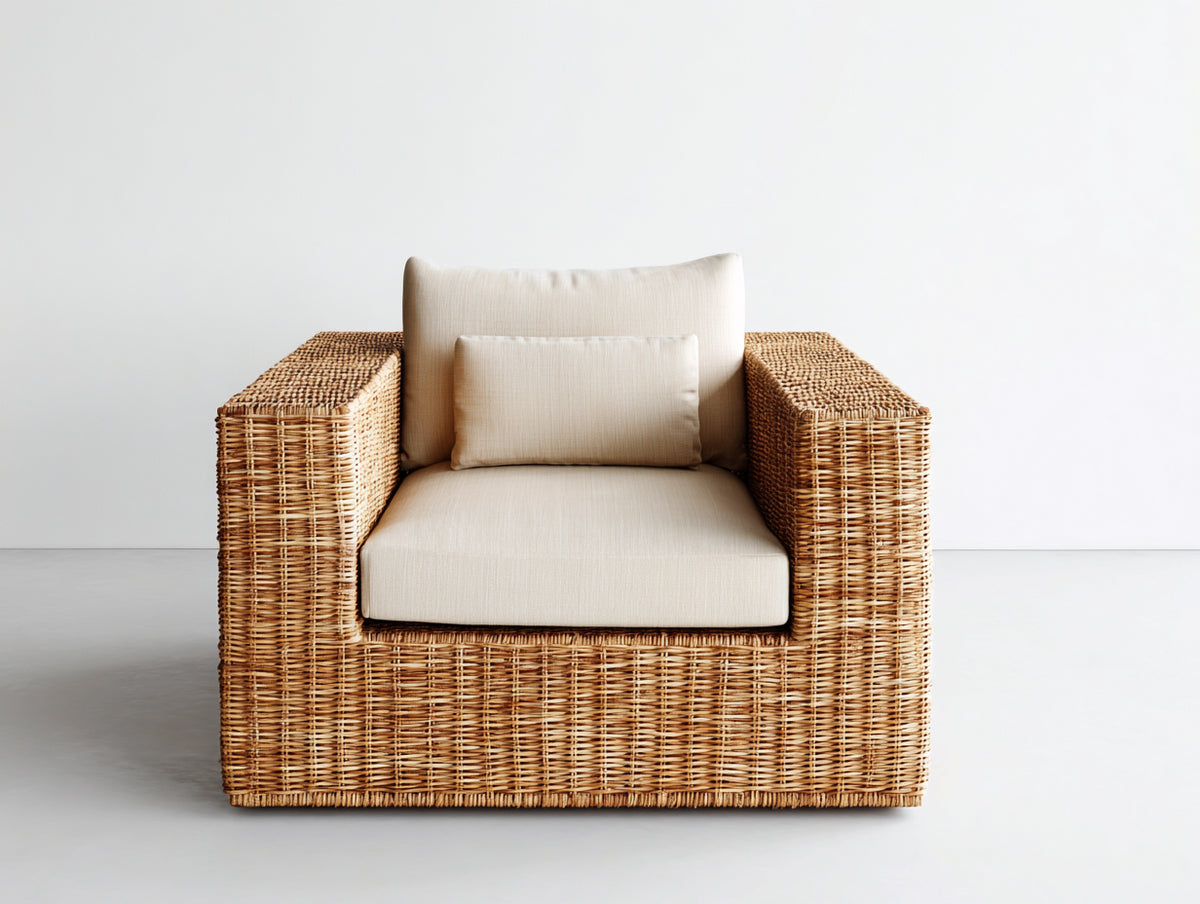 Fauteuil de jardin - rotin tressé-tissu - 100x92x86 cm - brun naturel-crème - style classique