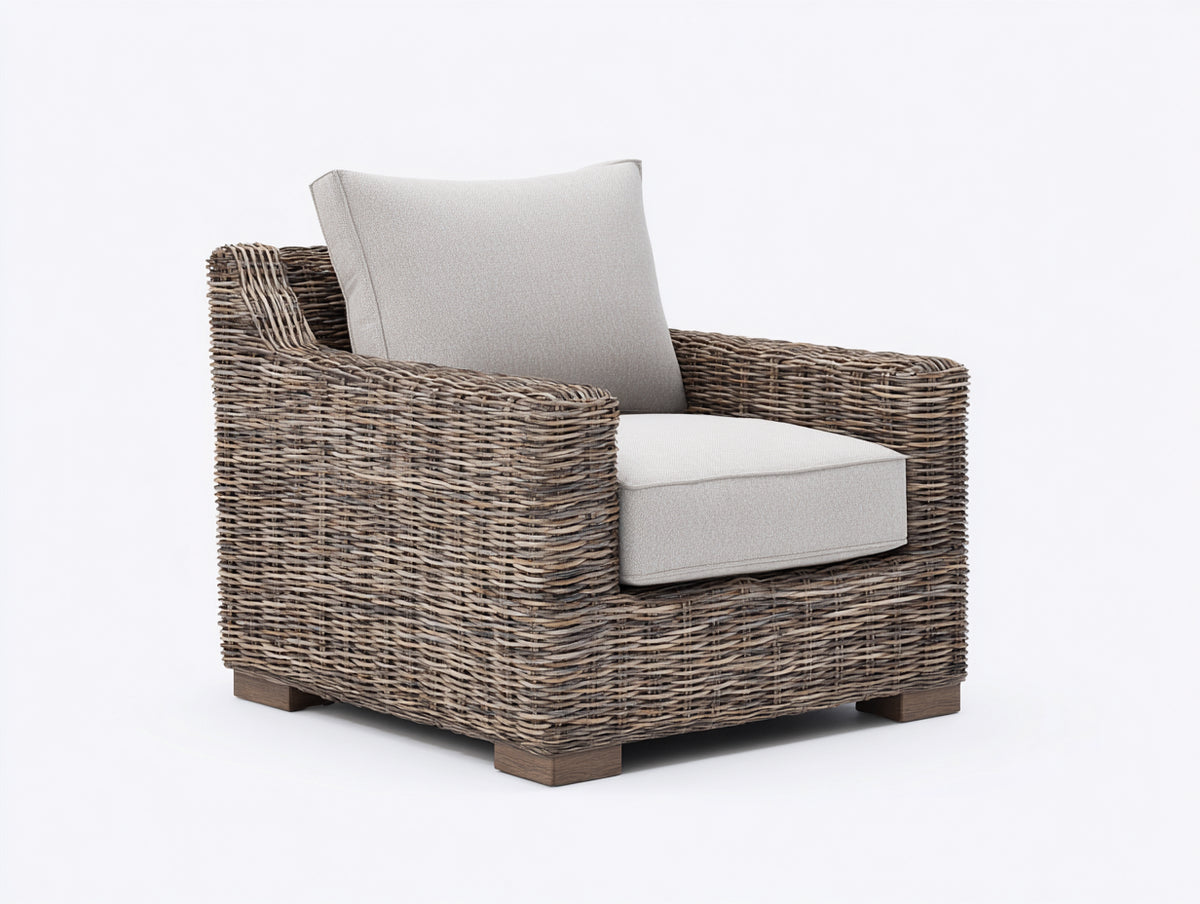 Fauteuil de jardin - rotin tressé-tissu - 94x88x84 cm - brun grisé-beige clair - style naturel