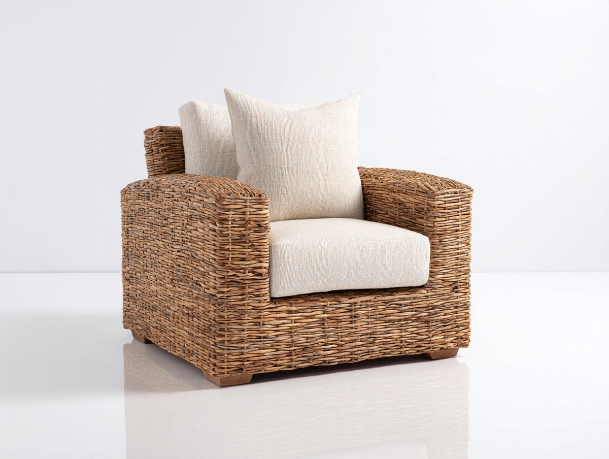 Fauteuil de jardin - rotin tressé-tissu - 96x90x83 cm - brun miel-écru - style rustique