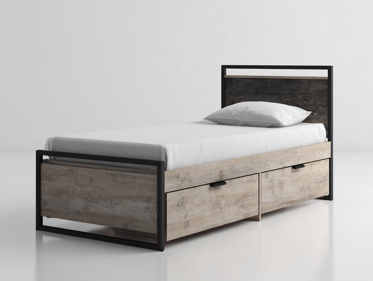 Lit simple - Bois-Métal - 205 x 101 x 108 cm - Bois clair-Noir - Industriel