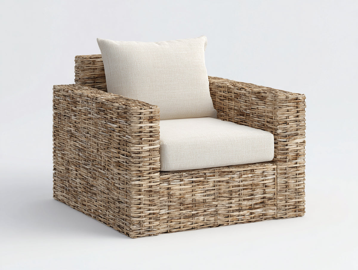 Fauteuil de jardin - rotin tressé-tissu - 95x89x84 cm - beige grisé-écru - style rustique