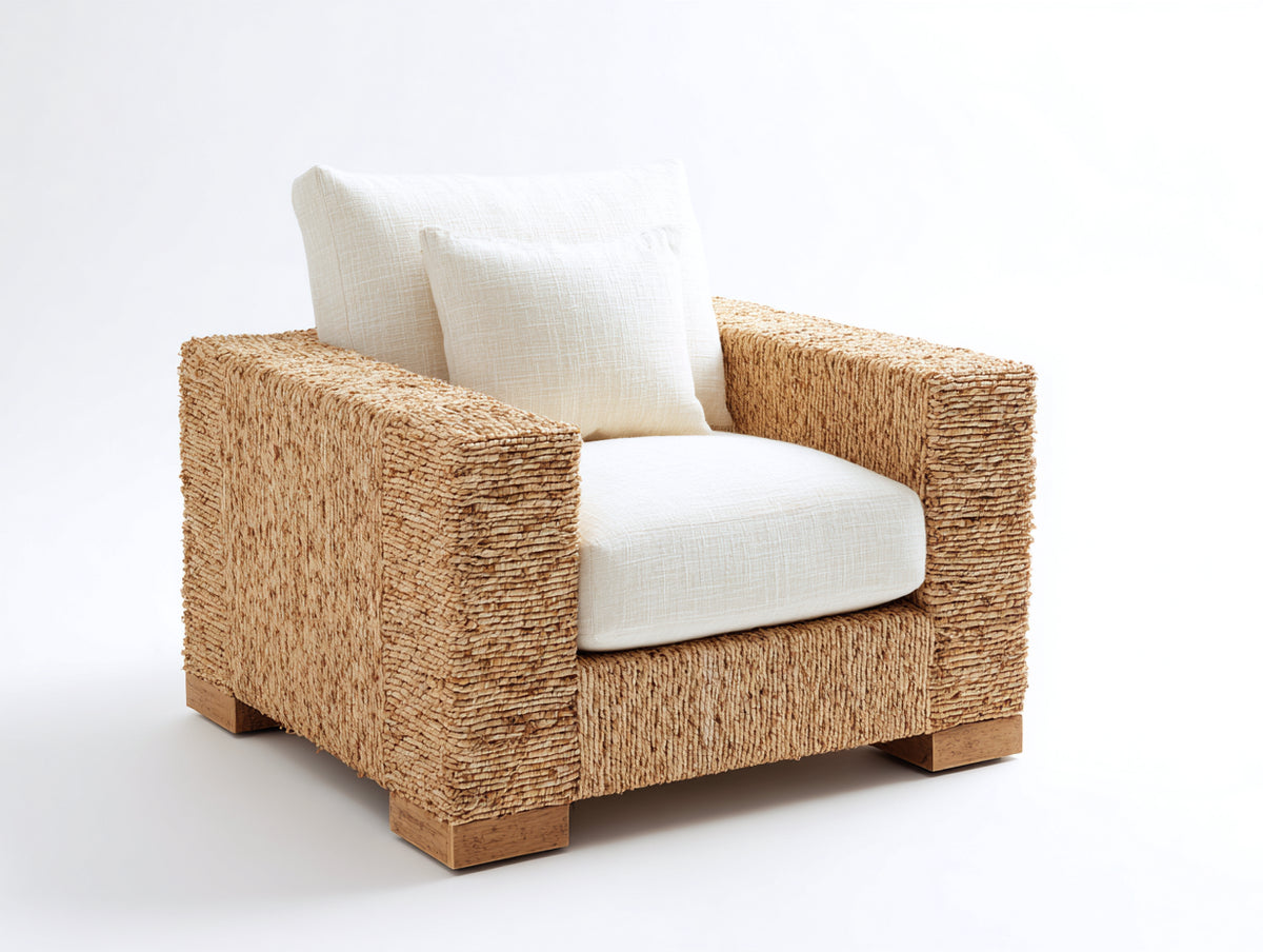Fauteuil de jardin - fibre végétale tressée-tissu - 95x89x86 cm - beige naturel-écru - style rustique