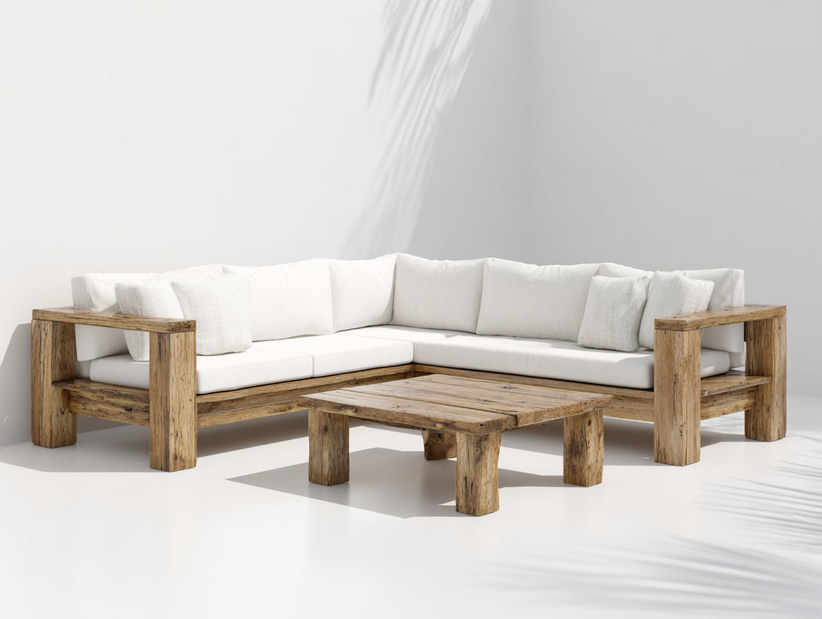 Canapé de jardin - Bois-Tissu - 276 x 276 x 75 cm - Bois vieilli-Blanc cassé - Style rustique