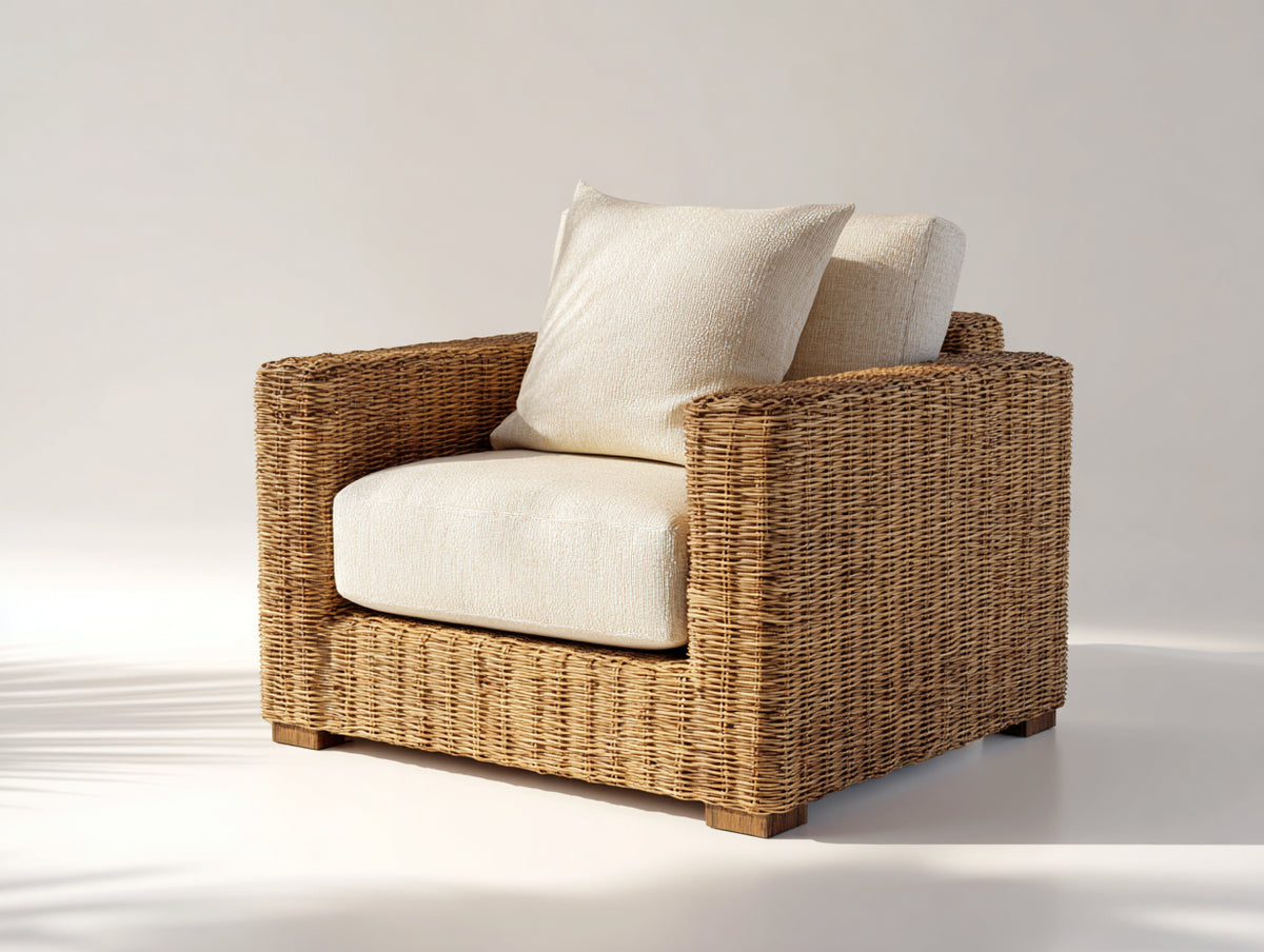 Fauteuil de jardin - rotin tressé-tissu - 93x87x82 cm - brun doré-écru - style contemporain